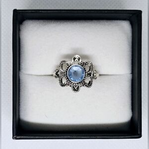Elegant Silver Tone Blue Gemstone Ring Vintage Victorian Style